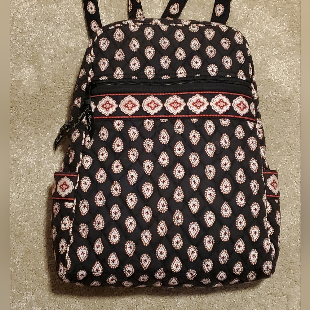 Vera Bradley Black Red Floral Design Size Medium Backpack Purse, Zipper Pockets